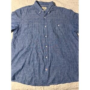 Weatherproof Vintage Mens XXL Blue Washable Linen Blend Short Sleeve Button Down